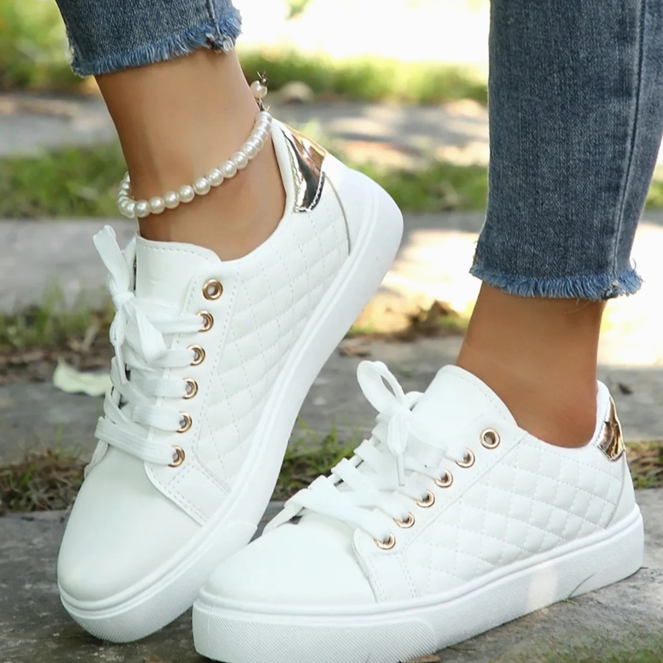 Women's Quilted Lace-Up Orthopaedic Shoes Gold-Detail Trainers - White