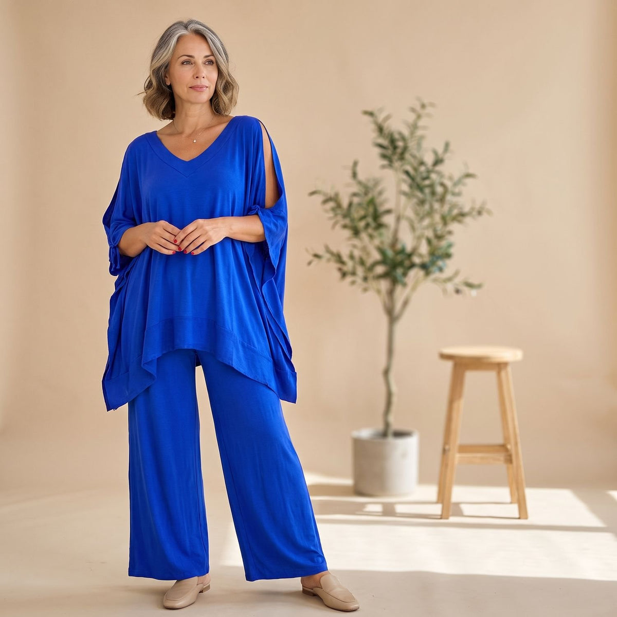 Women's Relaxed Coord Set Cold-Shoulder Wide-Leg Two-Piece - Blue