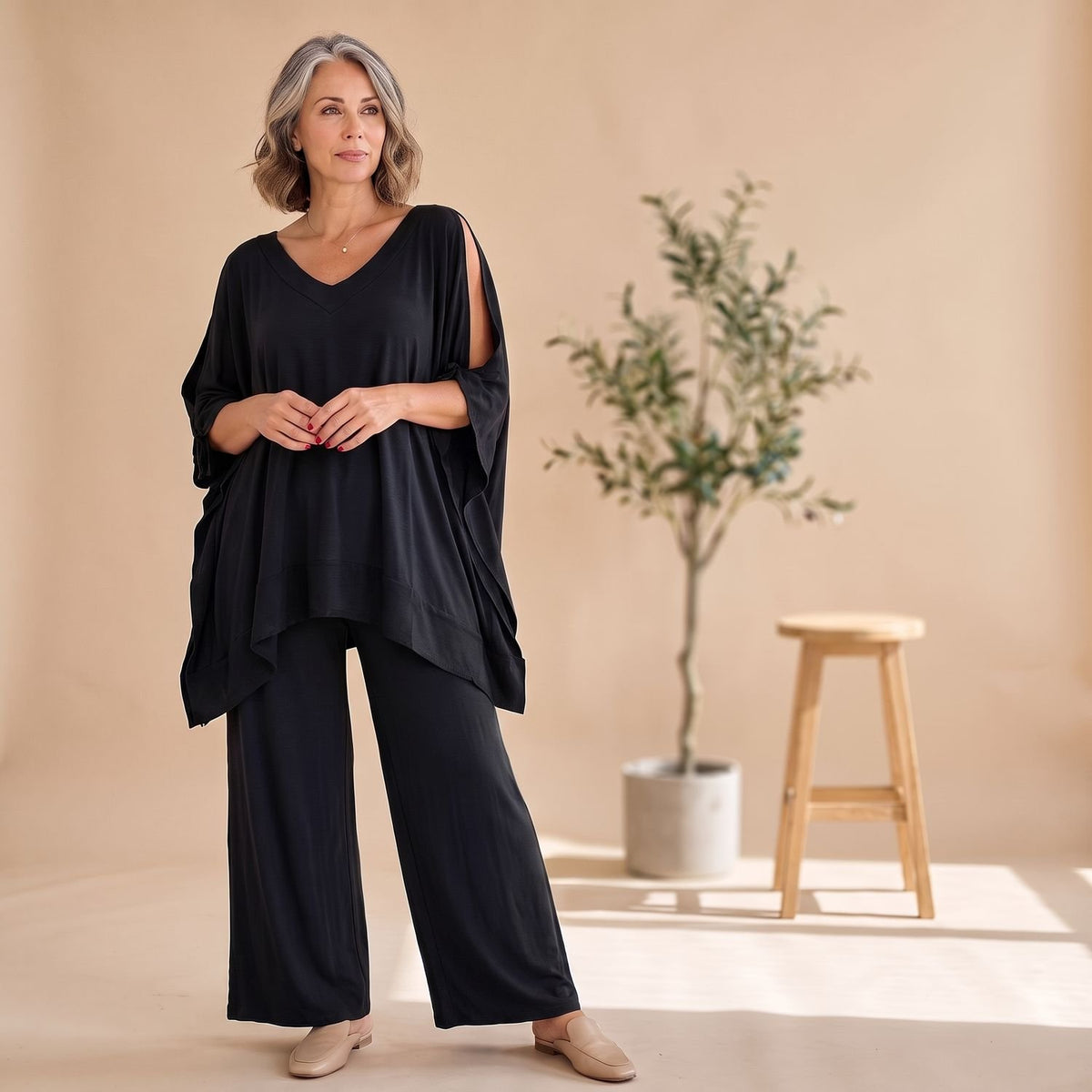 Women's Relaxed Coord Set Cold-Shoulder Wide-Leg Two-Piece - Black