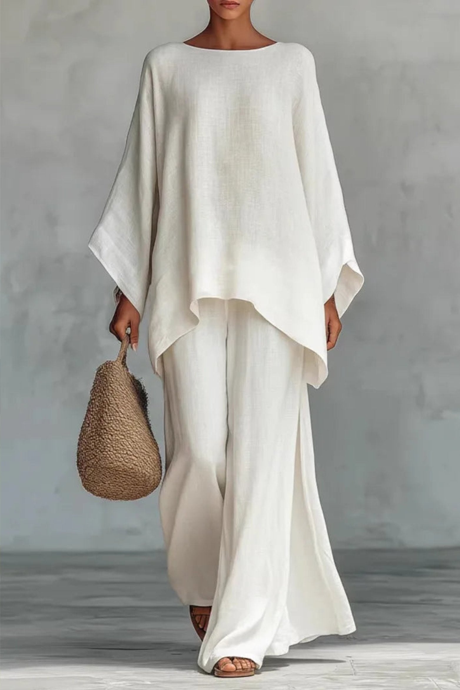 Women's Relaxed-Fit Batwing-Sleeve Linen-Look Wide-Leg Co-ord Set - White