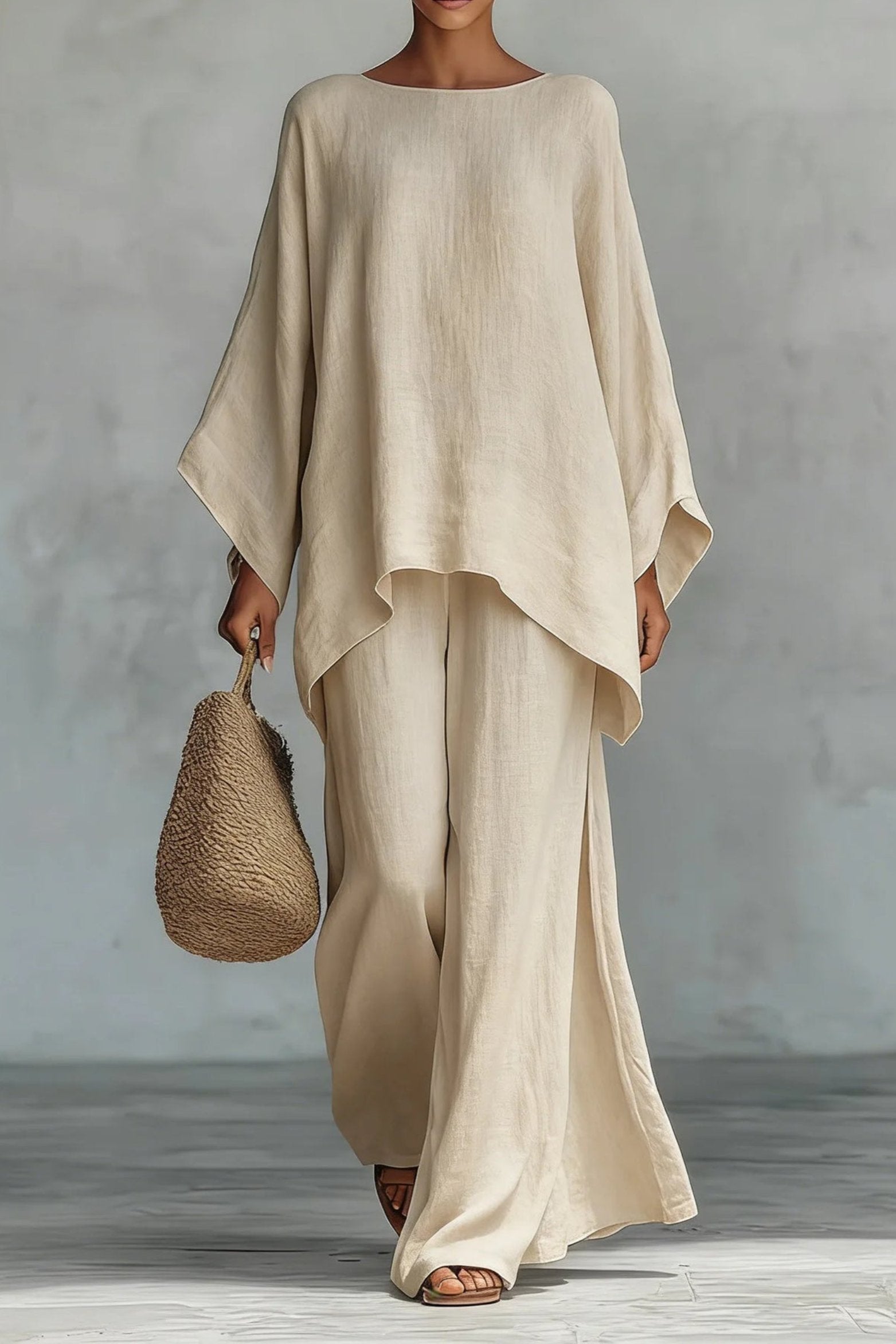 Women's Relaxed-Fit Batwing-Sleeve Linen-Look Wide-Leg Co-ord Set - Khaki