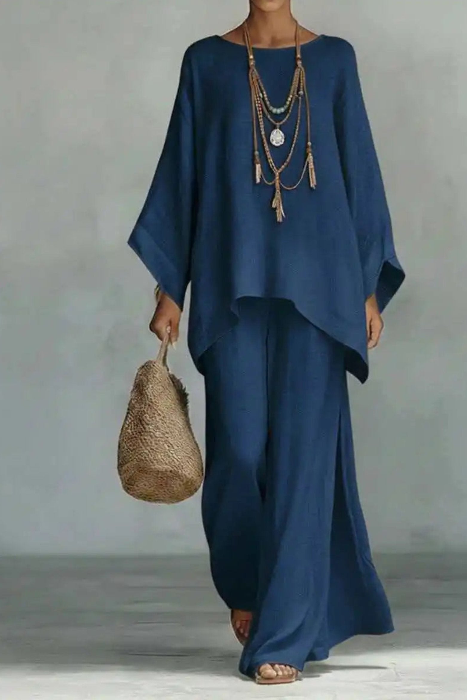 Women's Relaxed-Fit Batwing-Sleeve Linen-Look Wide-Leg Co-ord Set - Navy