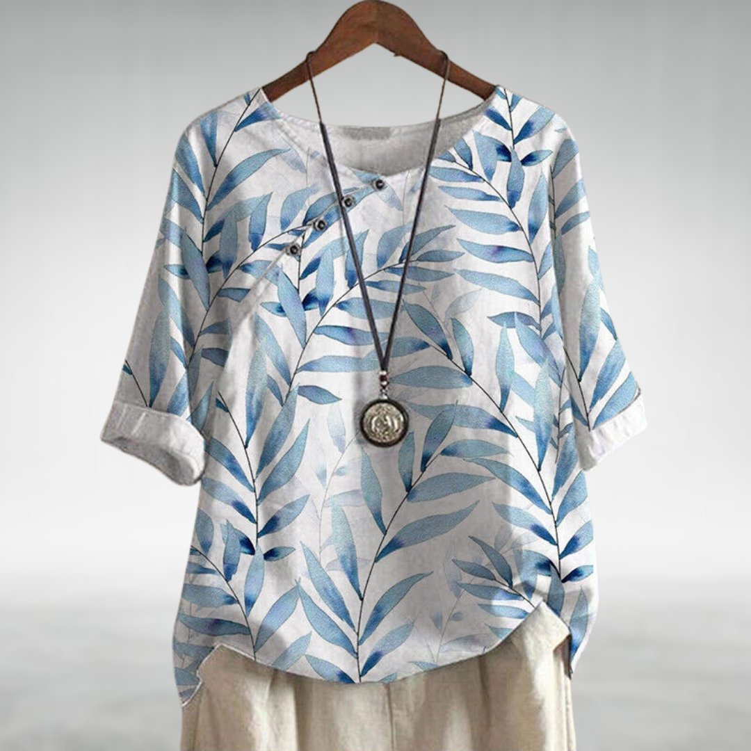 Women's Relaxed-Fit Botanical Leaf Print Linen-Look Short Sleeve Top - White