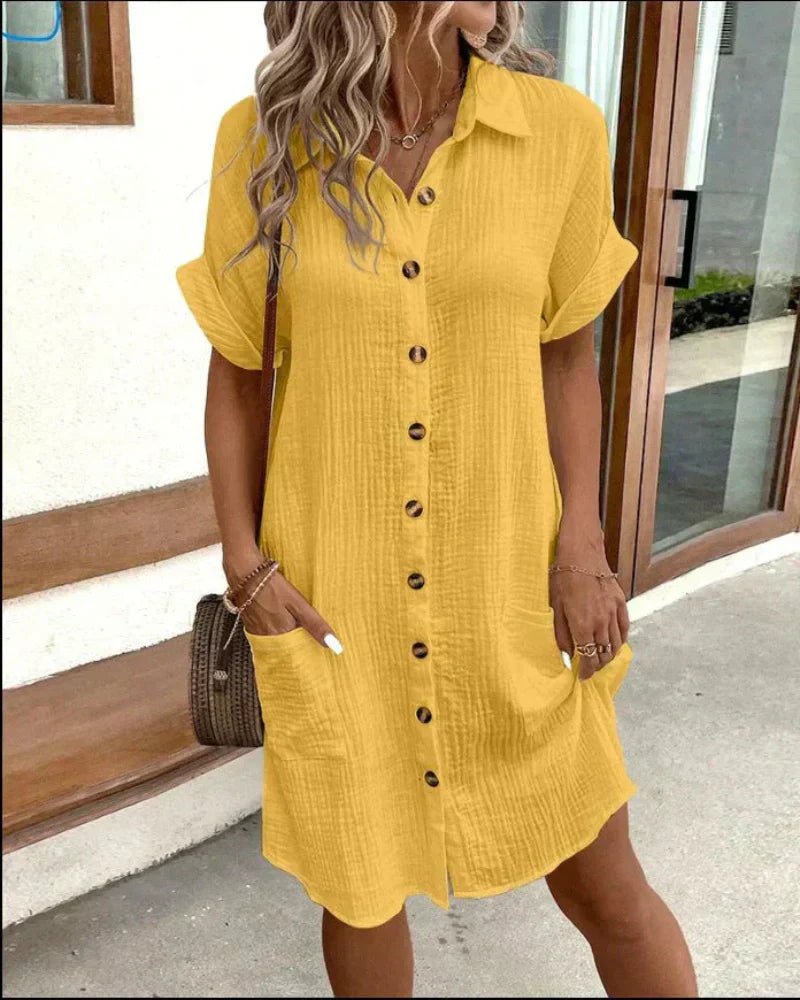 Women's Relaxed-Fit Button-Down Cotton Linen Shirt Dress Pockets - Yellow (Almost sold out)