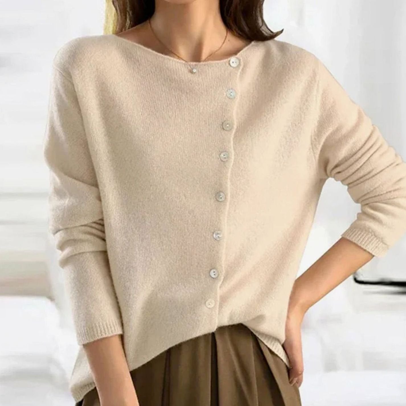 Women's Relaxed Fit Button Front Cardigan Knit Jumper - Beige