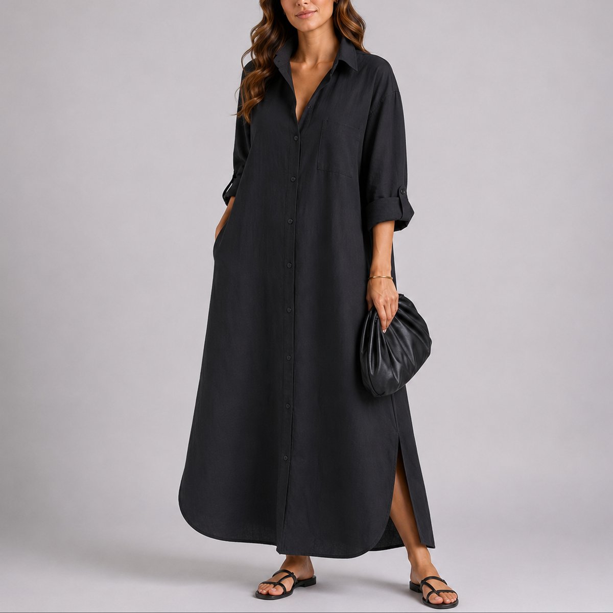 Women's Relaxed-Fit Button-Front Linen Blend Maxi Shirt Dress - Black