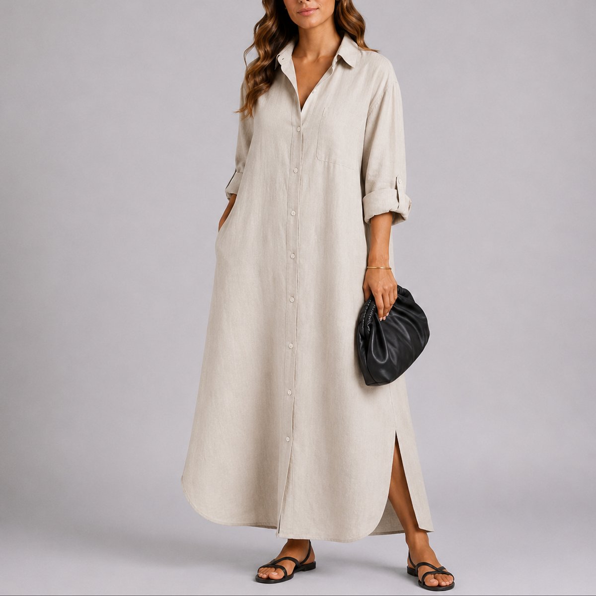 Women's Relaxed-Fit Button-Front Linen Blend Maxi Shirt Dress - Beige
