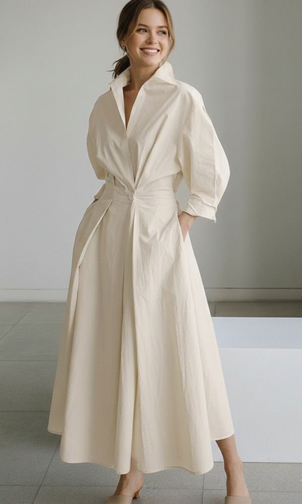 Women's Relaxed-Fit Button-Front Long-Sleeve Maxi Shirt Dress - Beige