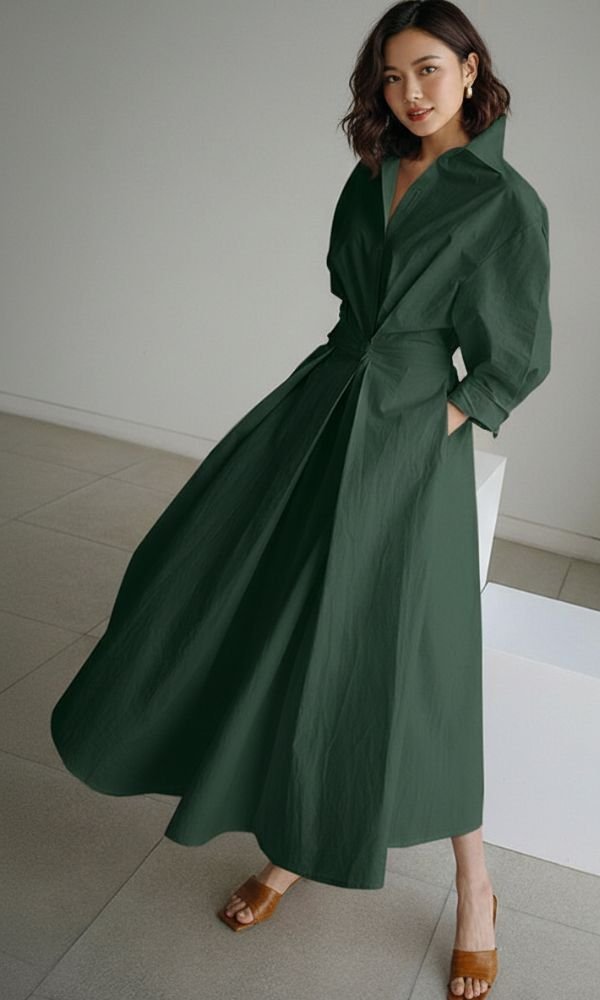 Women's Relaxed-Fit Button-Front Long-Sleeve Maxi Shirt Dress - Army Green