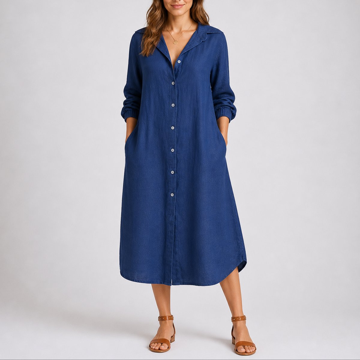 Women's Relaxed-Fit Button-Front Long-Sleeve Shirt Dress - Blue