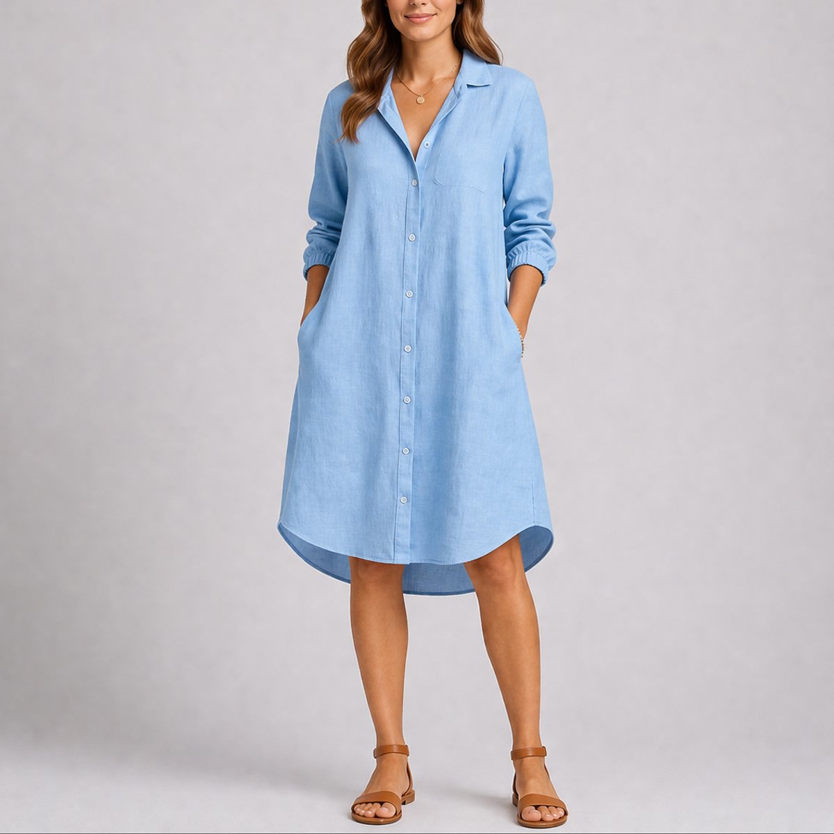 Women's Relaxed-Fit Button-Front Long-Sleeve Shirt Dress - Light Blue