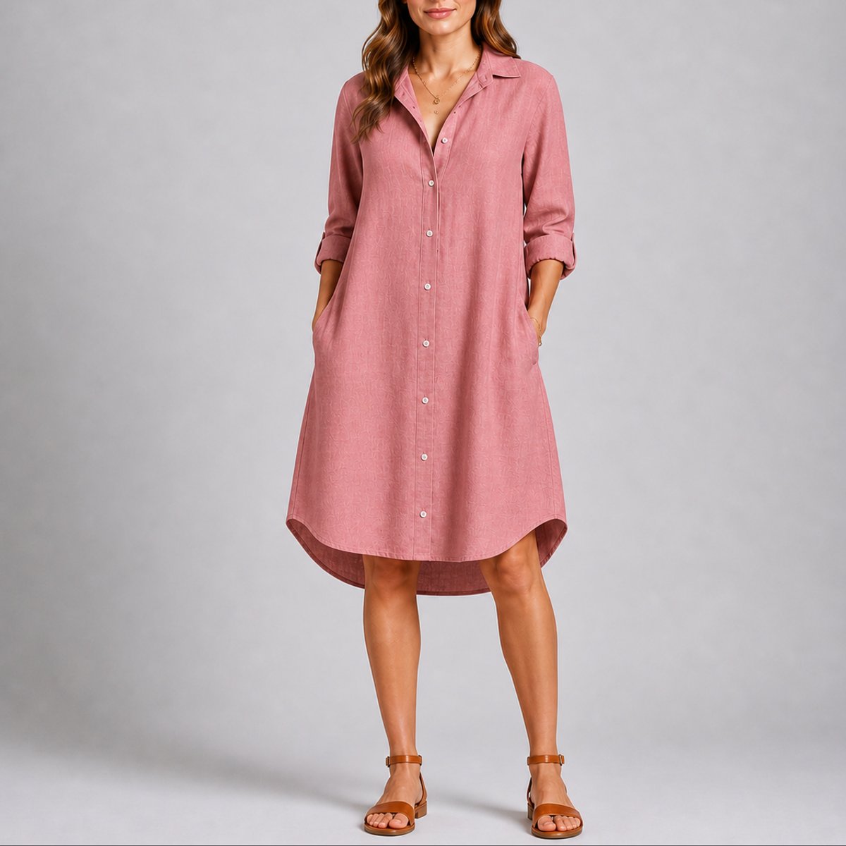 Women's Relaxed-Fit Button-Front Long-Sleeve Shirt Dress - Pink
