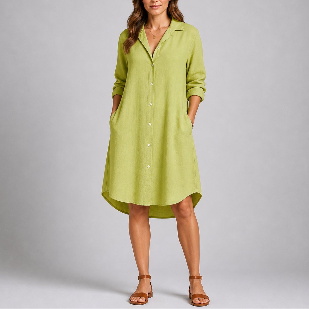 Women's Relaxed-Fit Button-Front Long-Sleeve Shirt Dress - Green