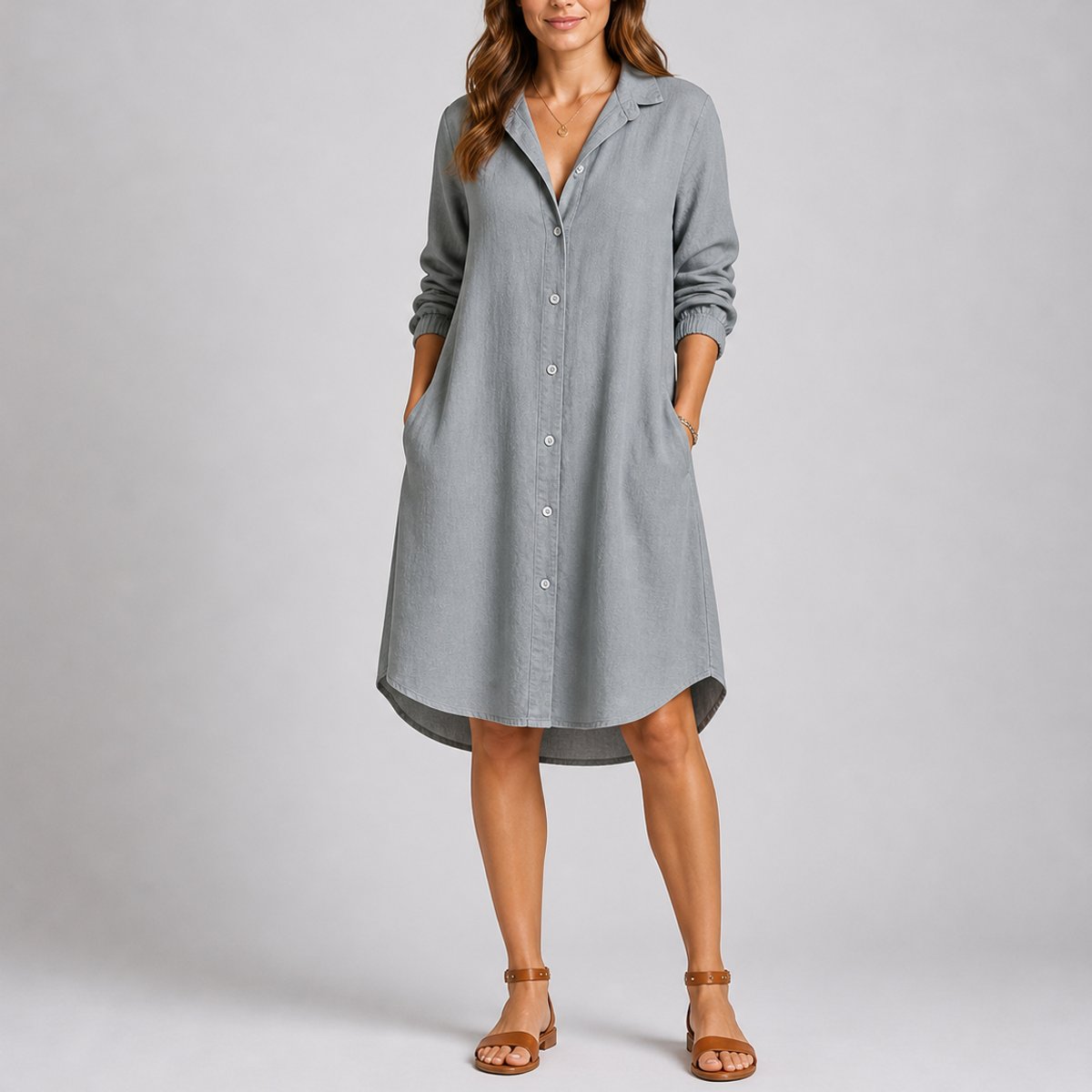 Women's Relaxed-Fit Button-Front Long-Sleeve Shirt Dress - Grey