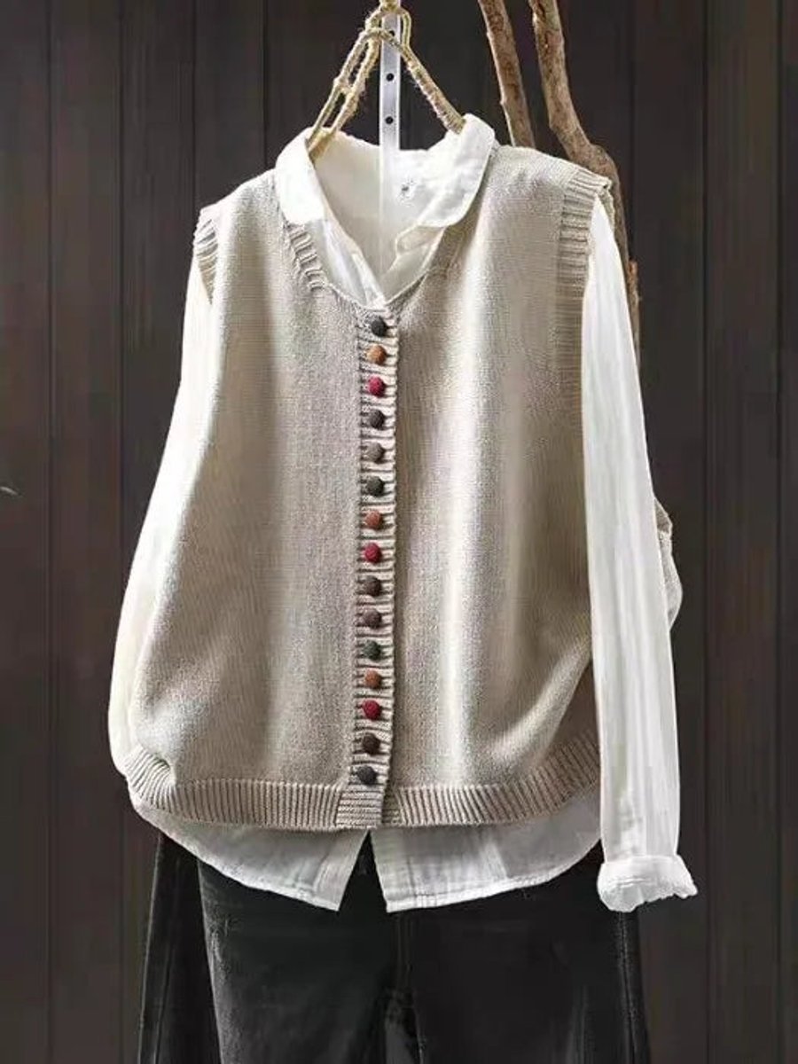 Women's Relaxed-Fit Button-Up Knit Vest - Off-White