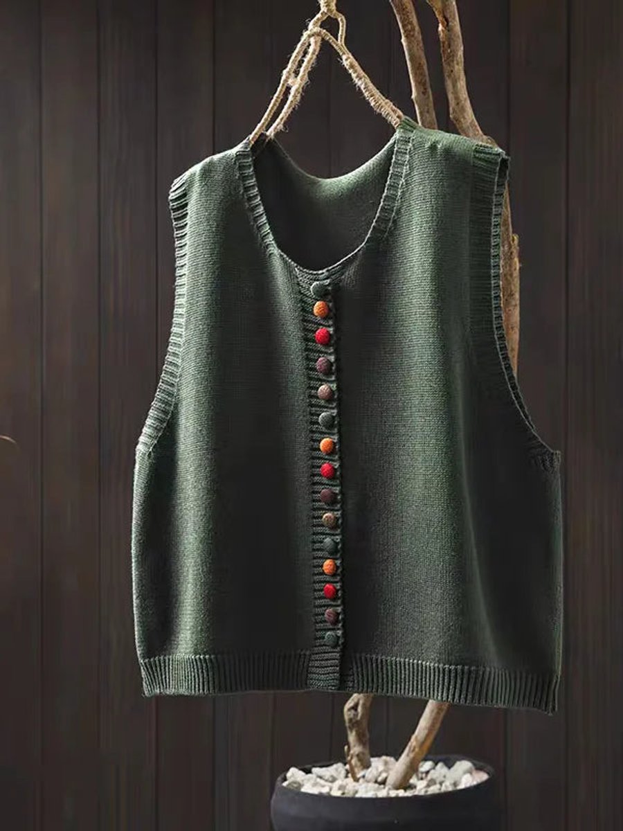 Women's Relaxed-Fit Button-Up Knit Vest - Green
