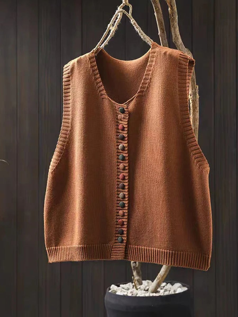 Women's Relaxed-Fit Button-Up Knit Vest - Orange