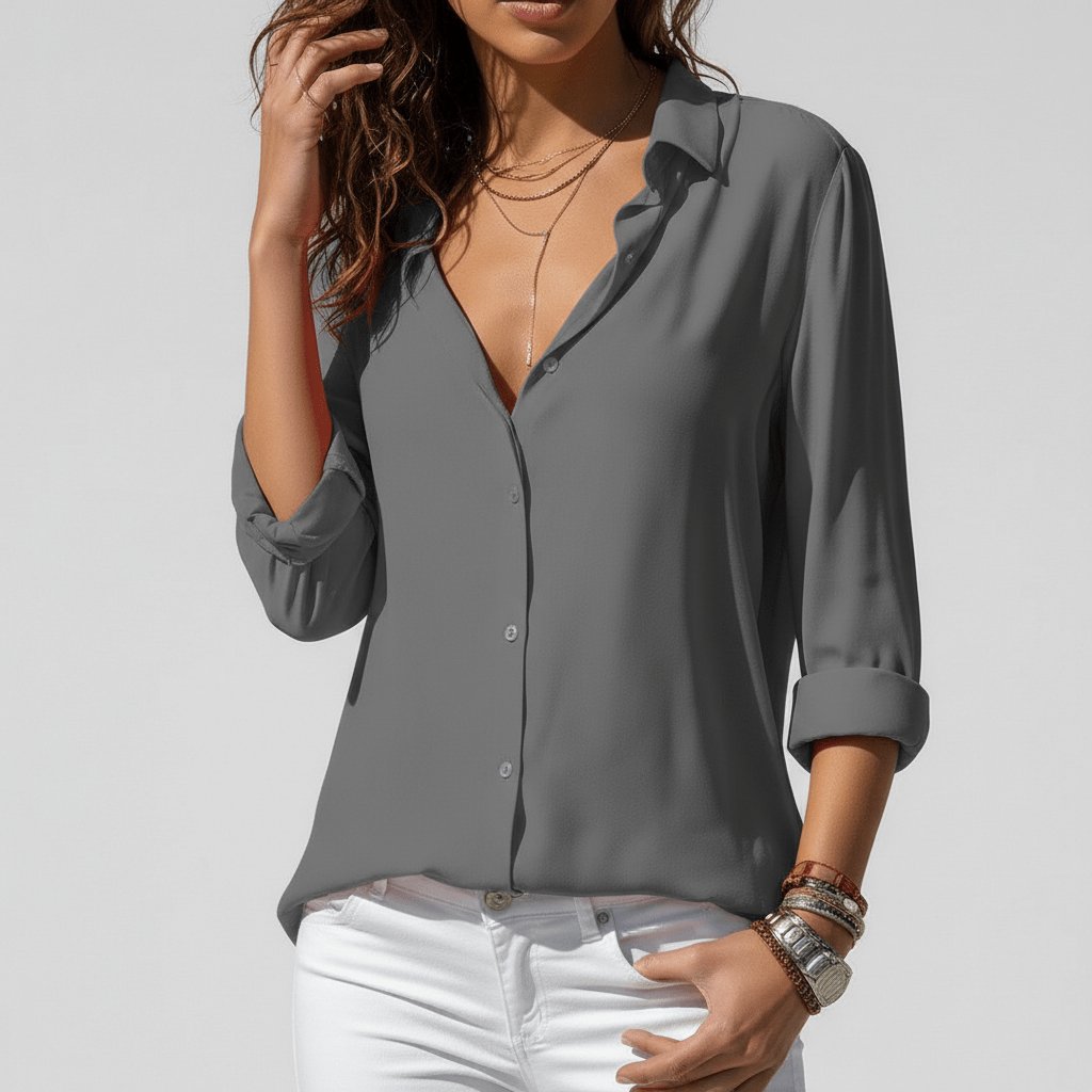 Women's Relaxed-Fit Button-Up Long Sleeve Shirt Collar Blouse - Classic Grey