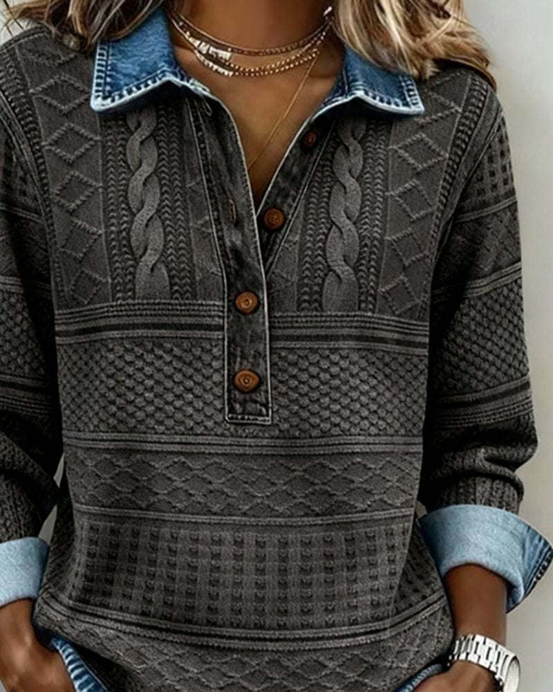 Women's Relaxed-Fit Cable-Knit Half-Button Collar Jumper