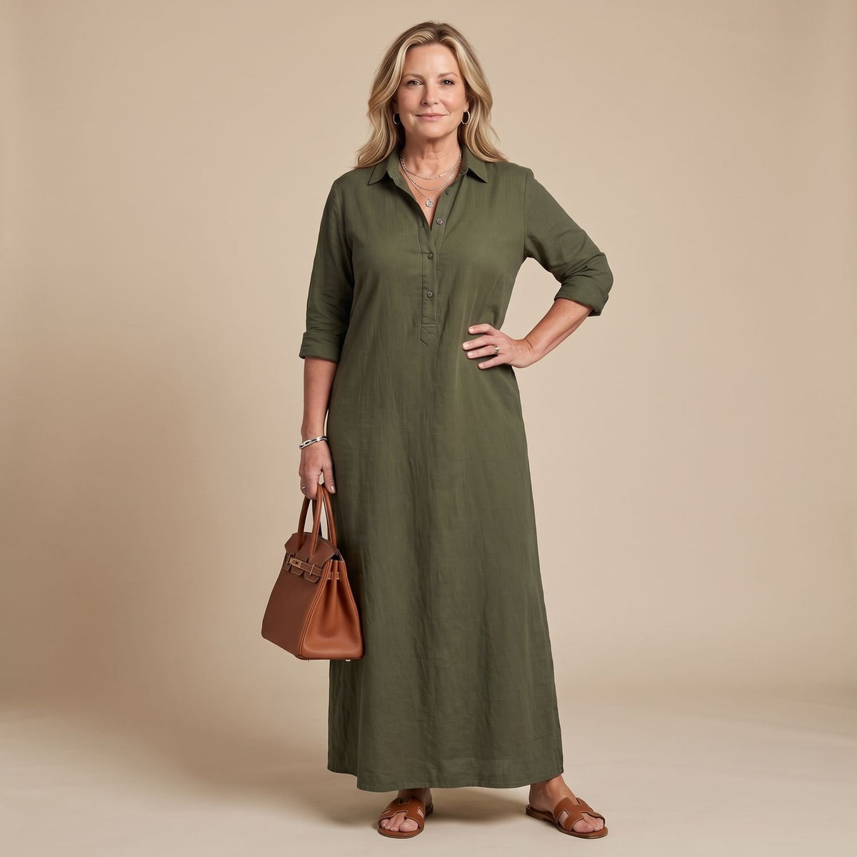 Women's Relaxed-Fit Collared Long Sleeve Maxi Shirt Dress - Green