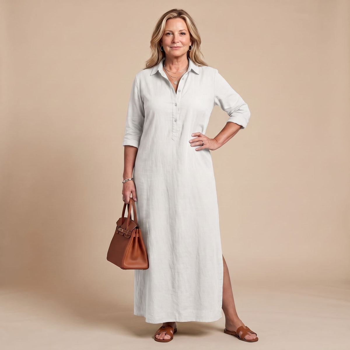 Women's Relaxed-Fit Collared Long Sleeve Maxi Shirt Dress - White