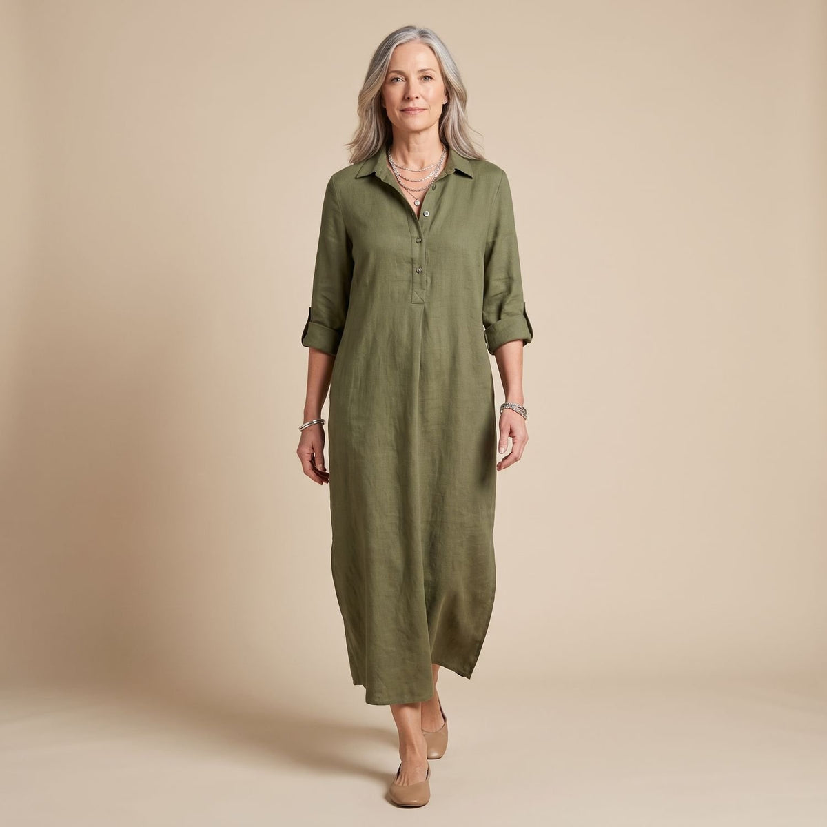 Women's Relaxed-Fit Collared Long Sleeve Maxi Shirt Dress