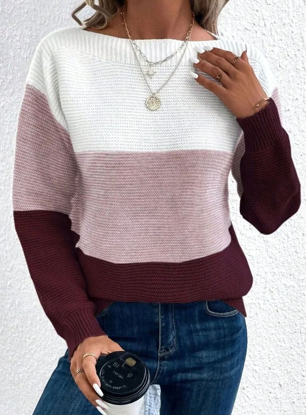 Women's Relaxed-Fit Colour-Block Cashmere Turtleneck Jumper - Lotus Red