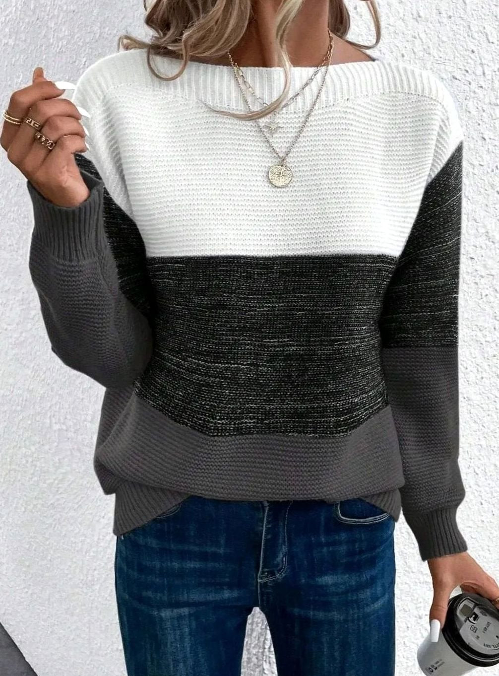 Women's Relaxed-Fit Colour-Block Cashmere Turtleneck Jumper - Black