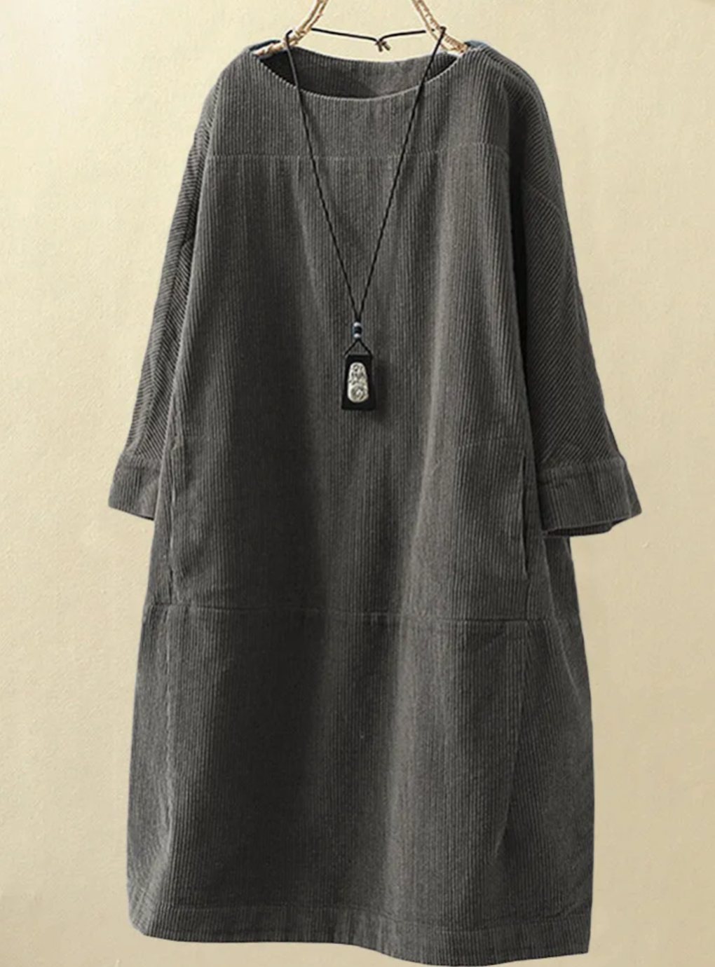 Women's Relaxed-Fit Corduroy Midi Dress Round Neck Long Sleeve - Grey