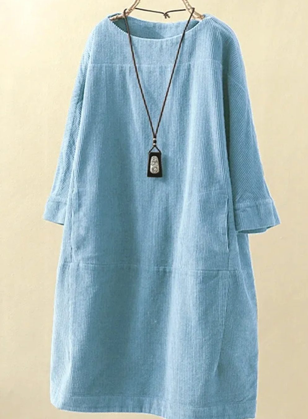 Women's Relaxed-Fit Corduroy Midi Dress Round Neck Long Sleeve - Light Blue