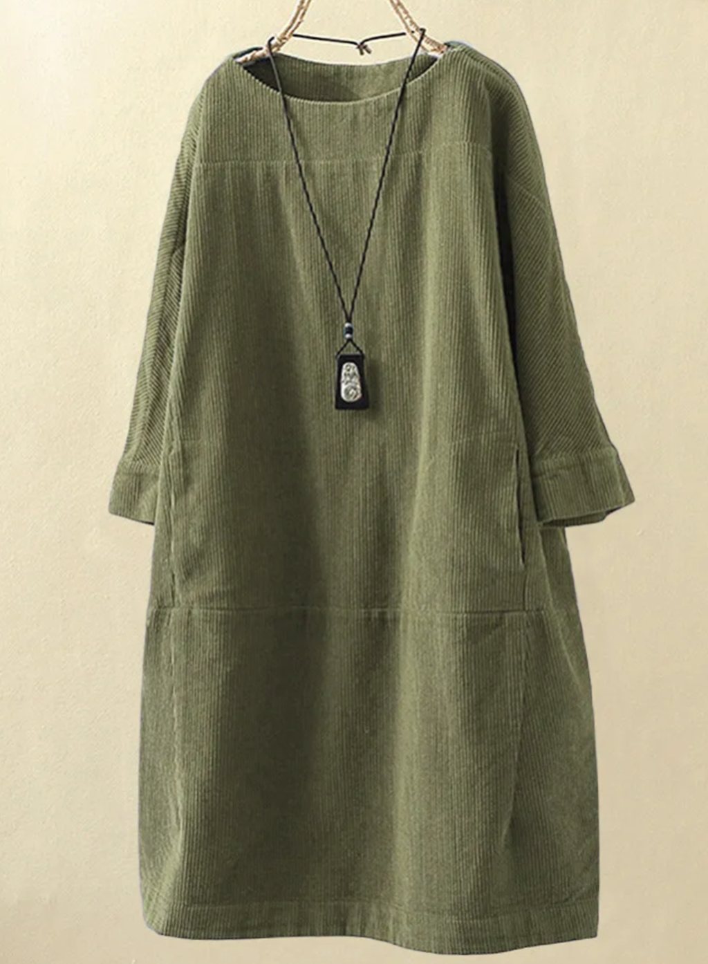 Women's Relaxed-Fit Corduroy Midi Dress Round Neck Long Sleeve - Dark Green