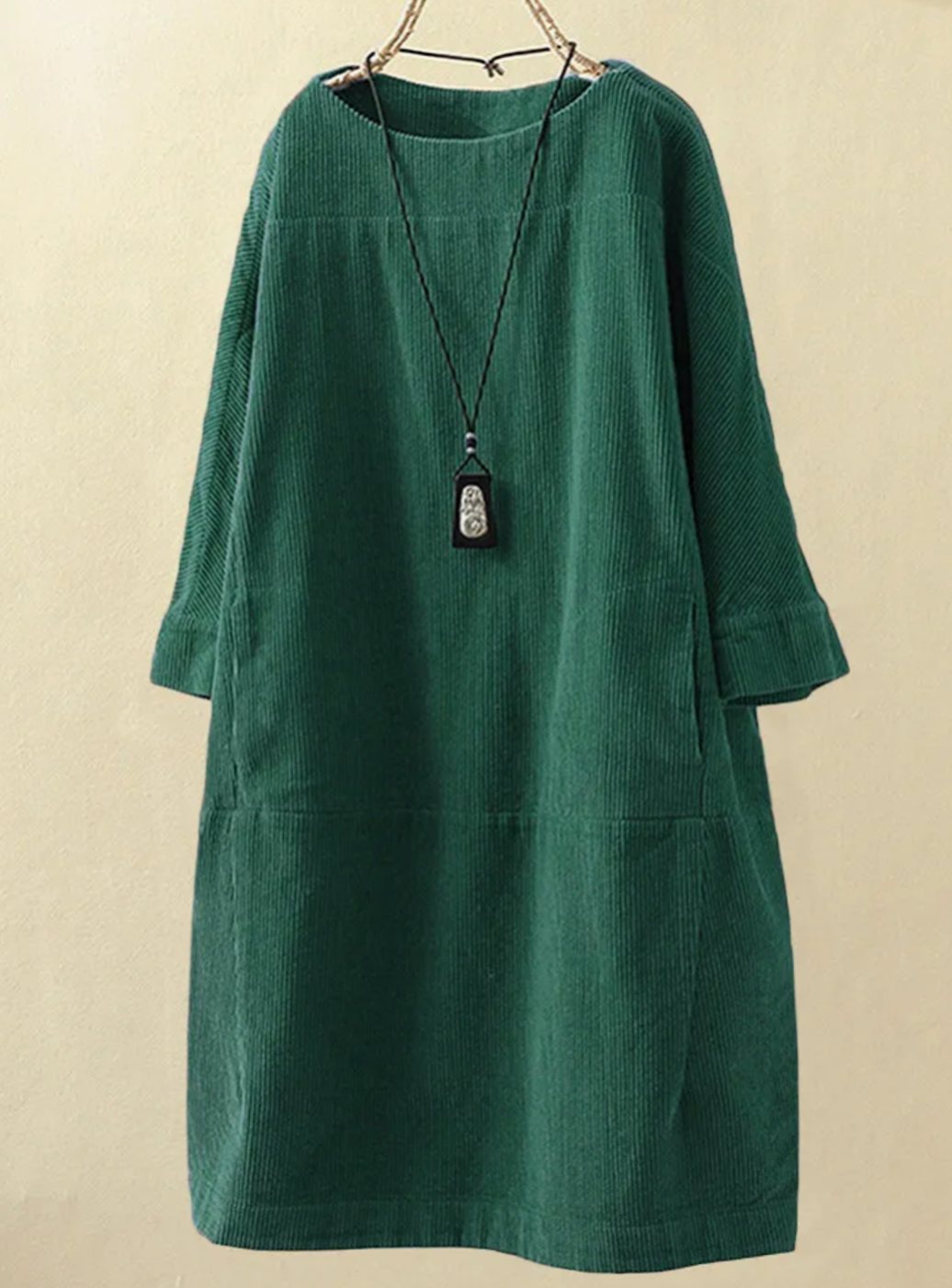 Women's Relaxed-Fit Corduroy Midi Dress Round Neck Long Sleeve - Green
