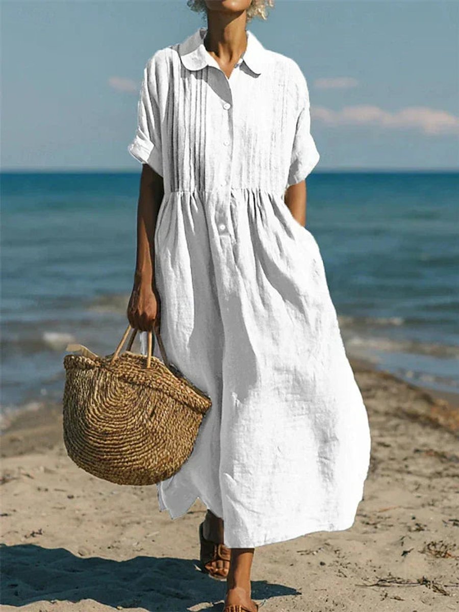 Women's Relaxed-Fit Cotton Button-Front Collared Midi Shirt Dress - White