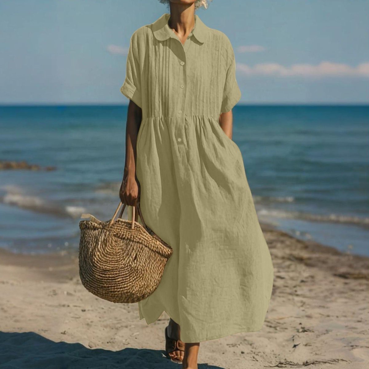 Women's Relaxed-Fit Cotton Button-Front Collared Midi Shirt Dress - Sage Green