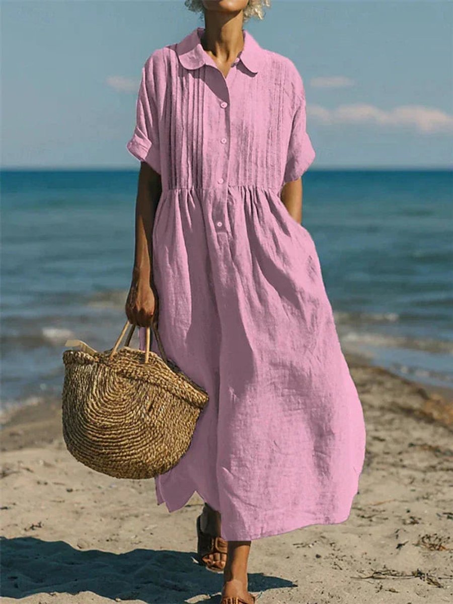 Women's Relaxed-Fit Cotton Button-Front Collared Midi Shirt Dress - Pink
