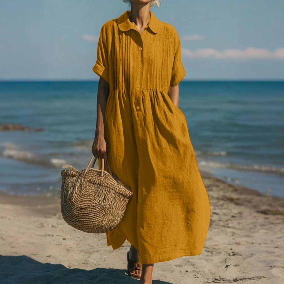 Women's Relaxed-Fit Cotton Button-Front Collared Midi Shirt Dress - Orange