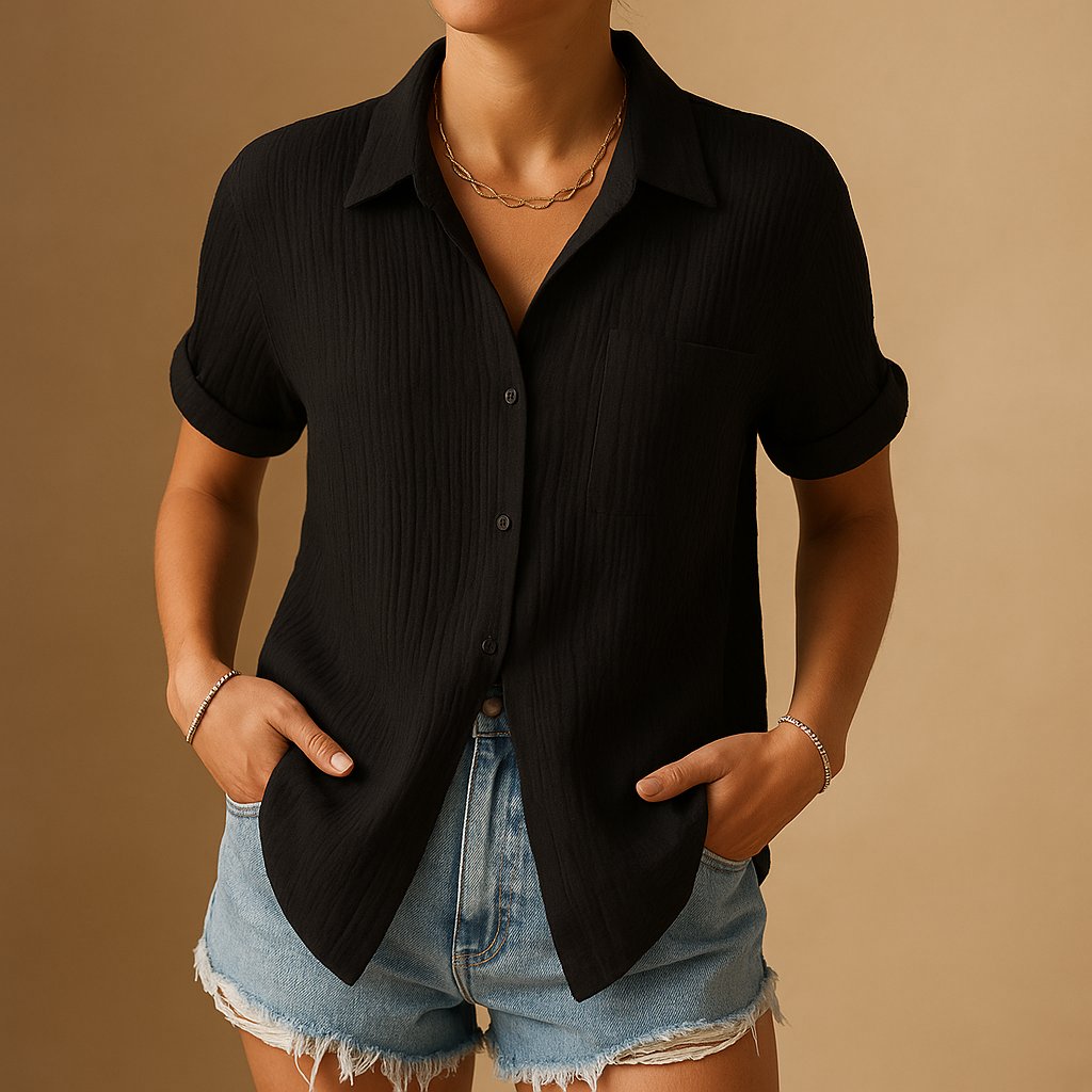 Women's Relaxed-Fit Cotton Gauze Short-Sleeve Chest-Pocket Shirt - Black