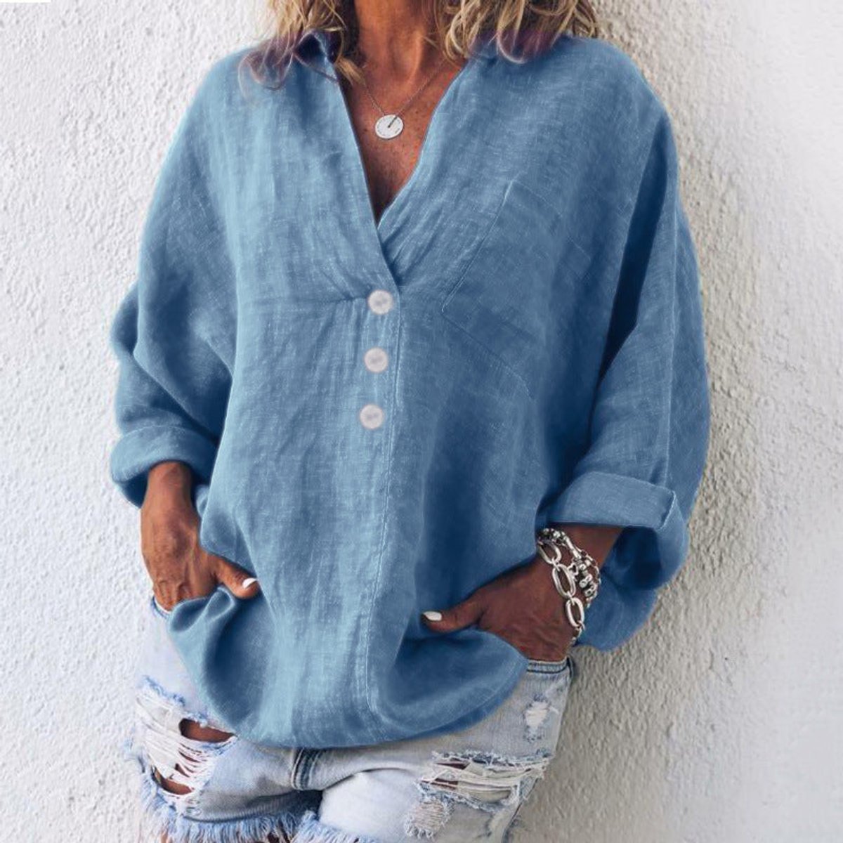 Women's Relaxed-Fit Cotton Linen V-Neck Button Shirt Sweater - Blue