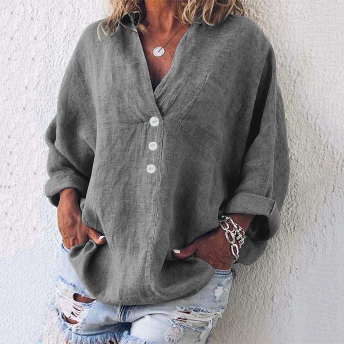 Women's Relaxed-Fit Cotton Linen V-Neck Button Shirt Sweater - Grey