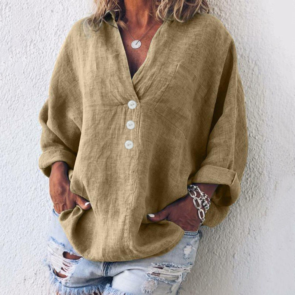 Women's Relaxed-Fit Cotton Linen V-Neck Button Shirt Sweater - Khaki