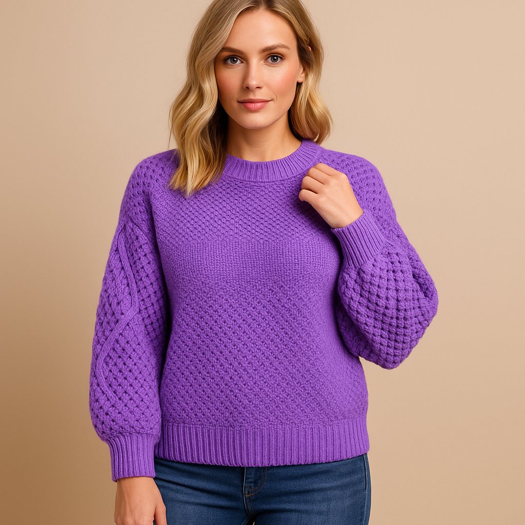 Women's Relaxed-Fit Crew-Neck Cable-Sleeve Knit Jumper - Violet