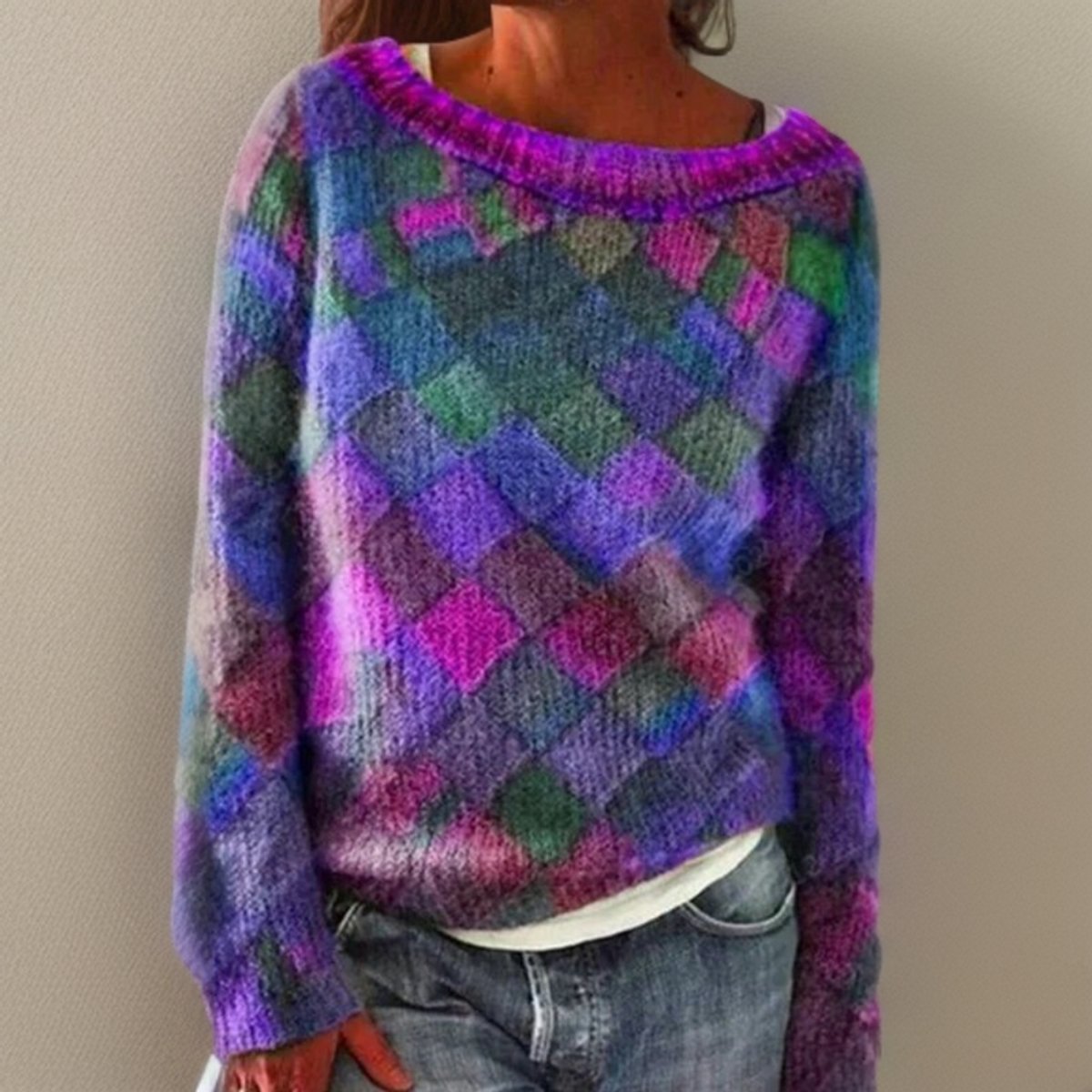 Women's Relaxed-Fit Diamond-Pattern Knit Sweater Jumper - Purple