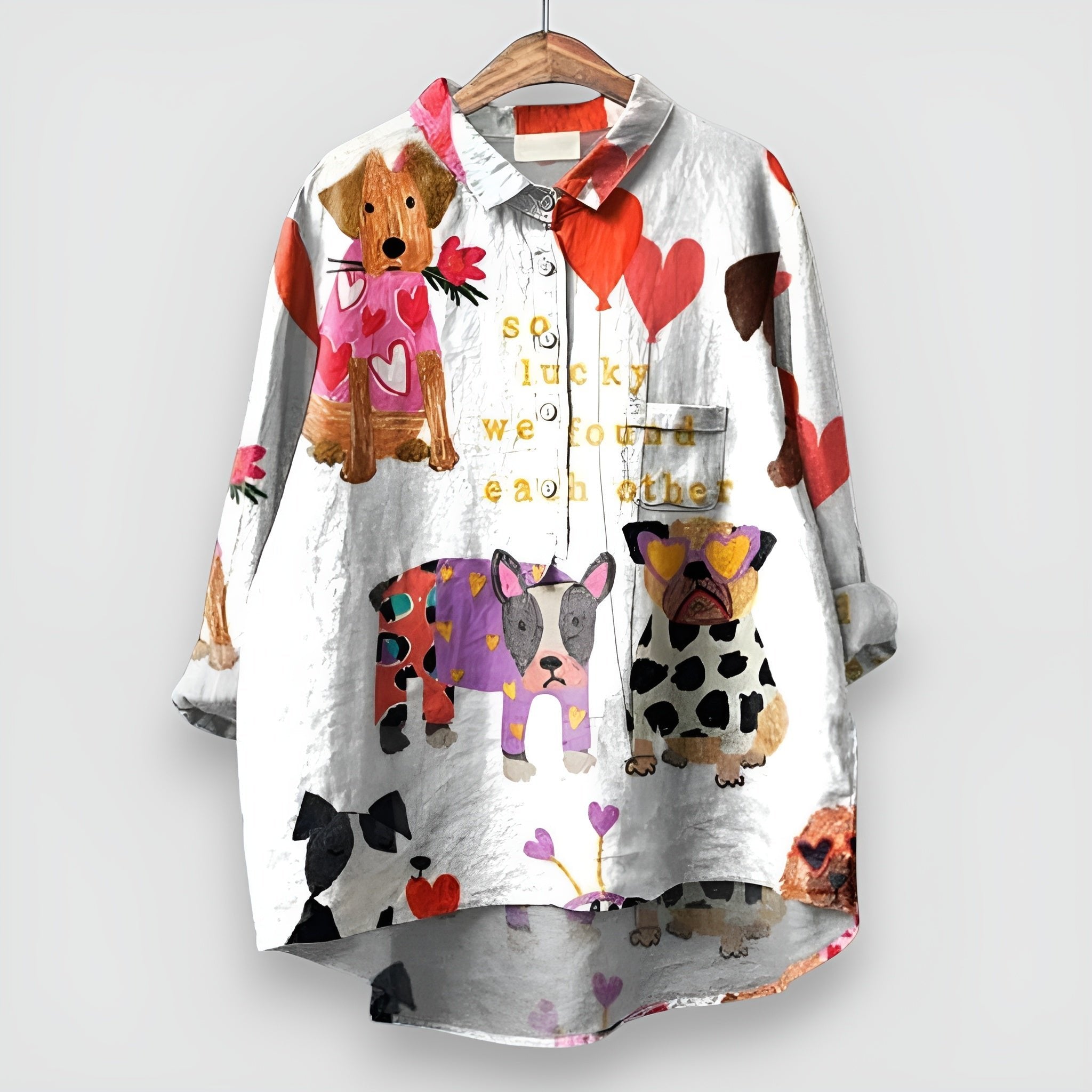 Women's Relaxed-Fit Dog Print Long Sleeve Collared Button Shirt - White 2