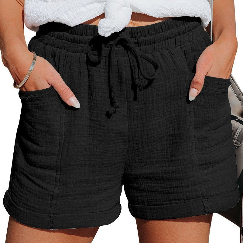 Women's Relaxed-Fit Drawstring-Waist Linen-Style Summer Shorts - Black
