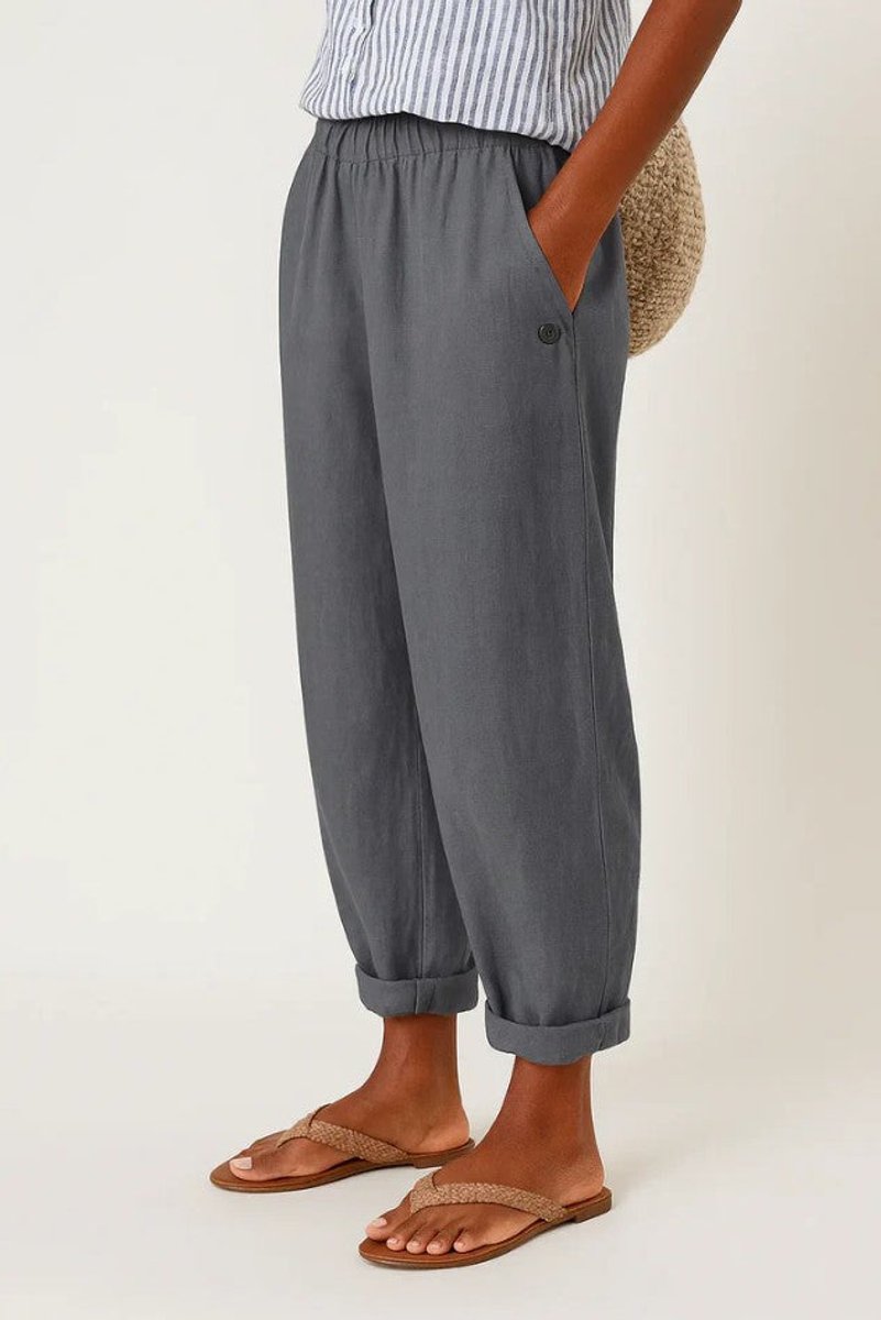 Women's Relaxed-Fit Elastic-Waist Cropped Linen Trousers - Dark Grey