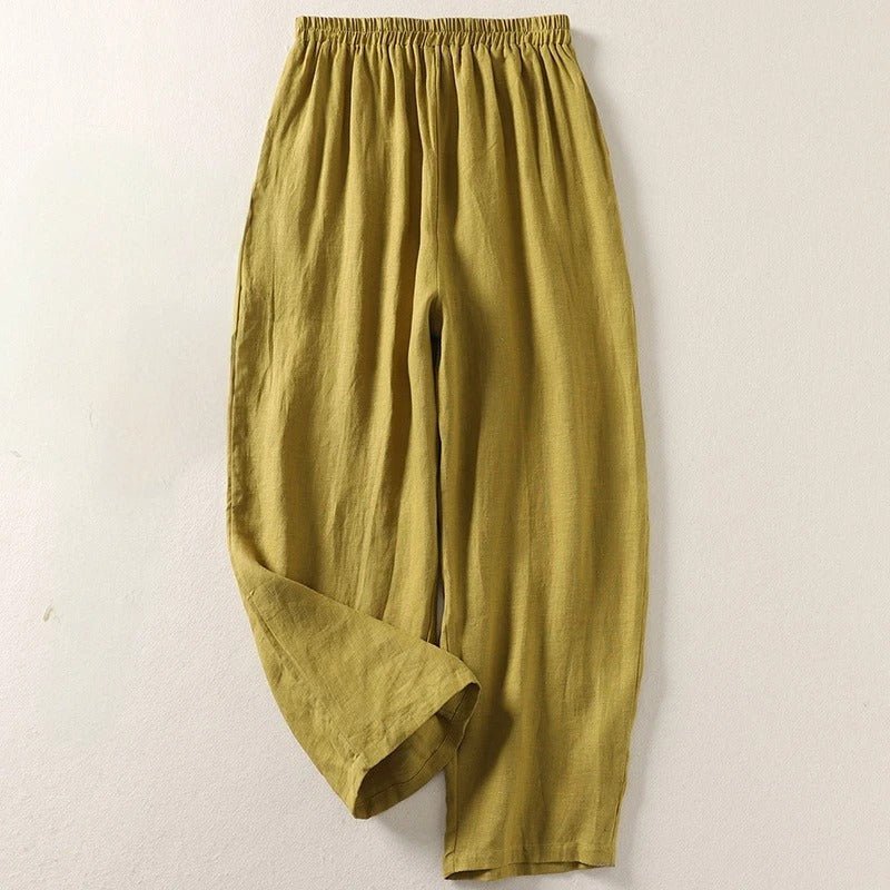 Women's Relaxed-Fit Elastic-Waist Linen Trousers - Olive