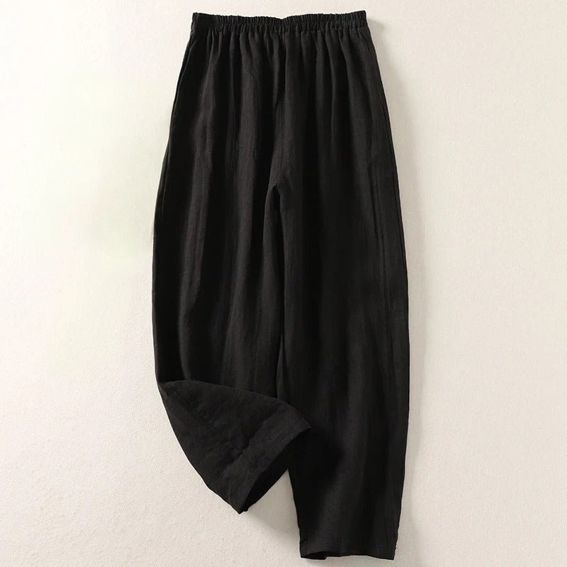 Women's Relaxed-Fit Elastic-Waist Linen Trousers - Black