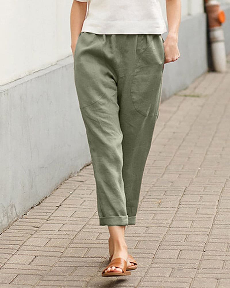 Women's Relaxed-Fit Elasticated-Waist Tapered Linen Trousers - Green
