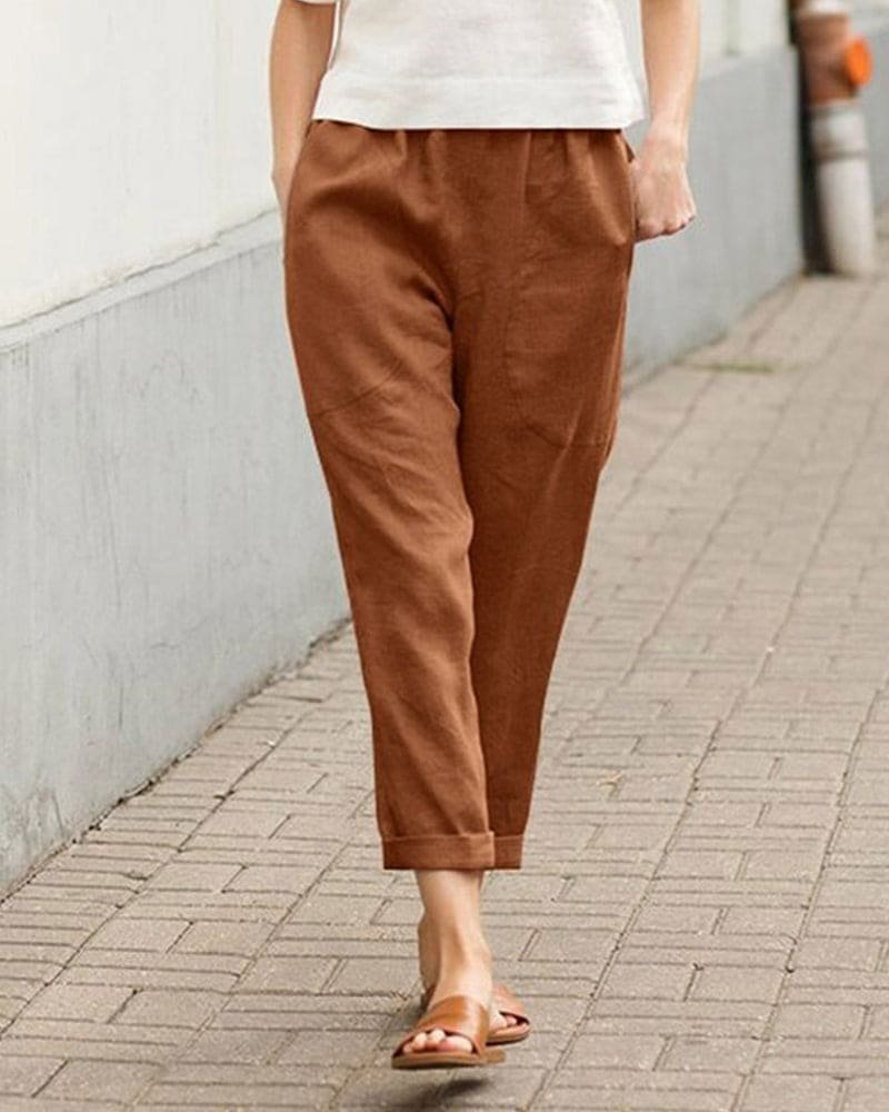 Women's Relaxed-Fit Elasticated-Waist Tapered Linen Trousers - Brown