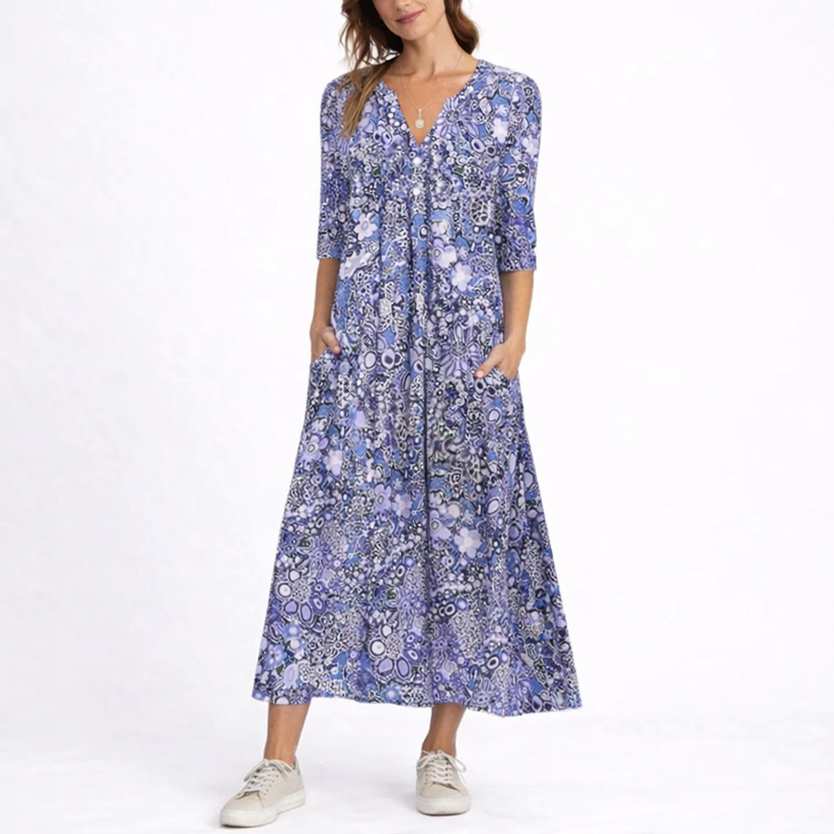 Women's Relaxed-Fit Floral Print V-Neck Midi Dress - Blue